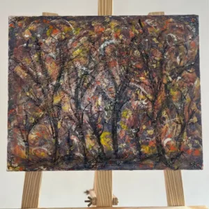 Toile FORET 1 d’Ajkel représentant une forêt abstraite, peinte à l’acrylique, à l’huile et à la plume.