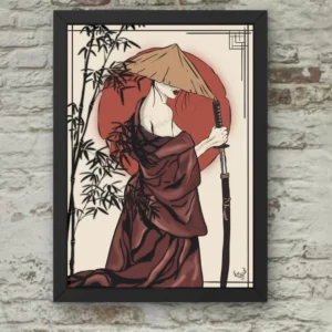 Illustration japonaise d’une guerrière sous un soleil rouge tenant un katana.